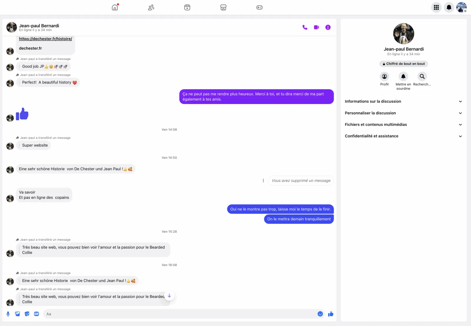 Conversation Messenger — Retours internationaux des éleveurs sur le site De Chester