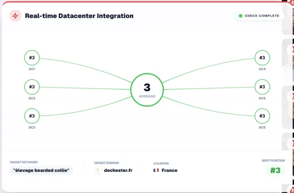 Position #3 France vérifiée sur 6 datacenters Google pour la requête 'élevage bearded collie' — dechester.fr, relevé seo-hero.ninja du 18 avril 2026